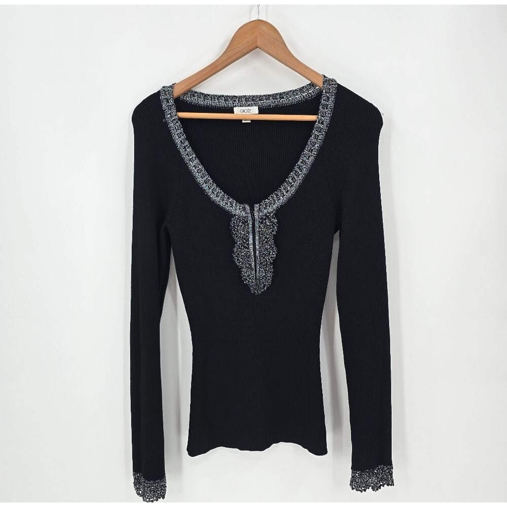 Y2k Cache Ribbed Knit Top Sweater Women Size M Black Silver Metallic Lace Detail